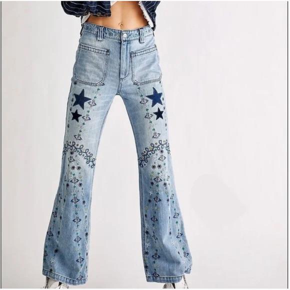 FREE PEOPLE DELPHINE EMBROIDERED JEANS 27 - Picture 1 of 7